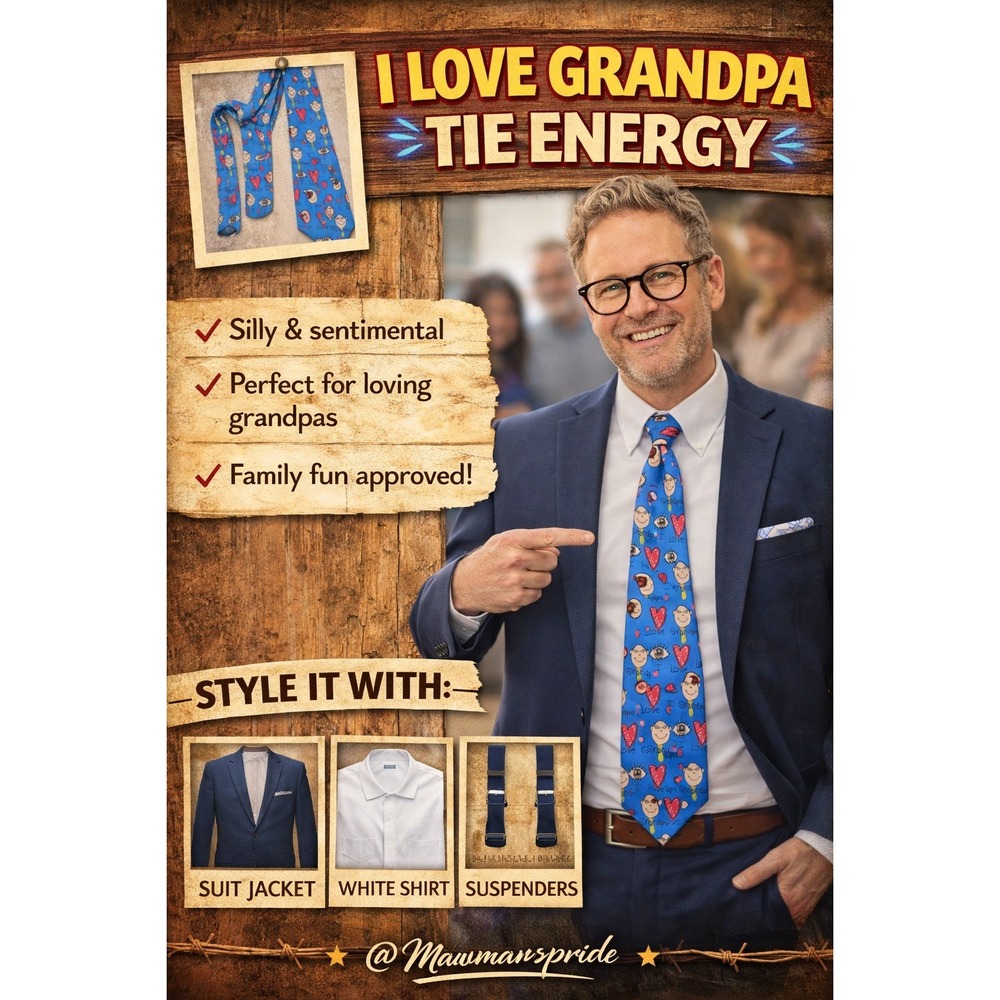 RM‎ Style Novelty Necktie I Love Grandpa Blue Silk Quirky Men's Tie